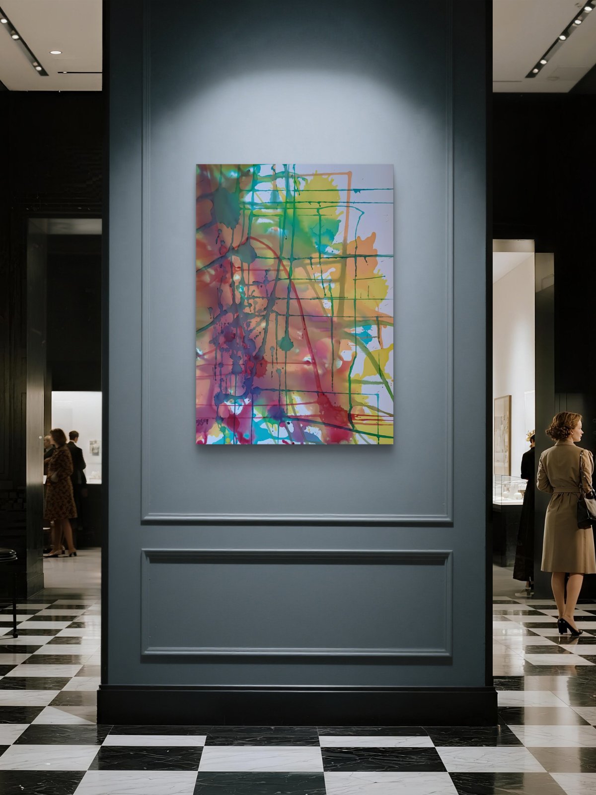 Original abstract painting titled 'The Fracture' by TRAXI, featuring expressive textures and dynamic movement. The artwork explores themes of change and emotional transformation through contemporary abstract expressionism. A colorful abstract canvas painting with vibrant splashes of yellow, green, pink, blue, and purple, displayed on a dark gray wall in a gallery setting with a black and white checkered floor.