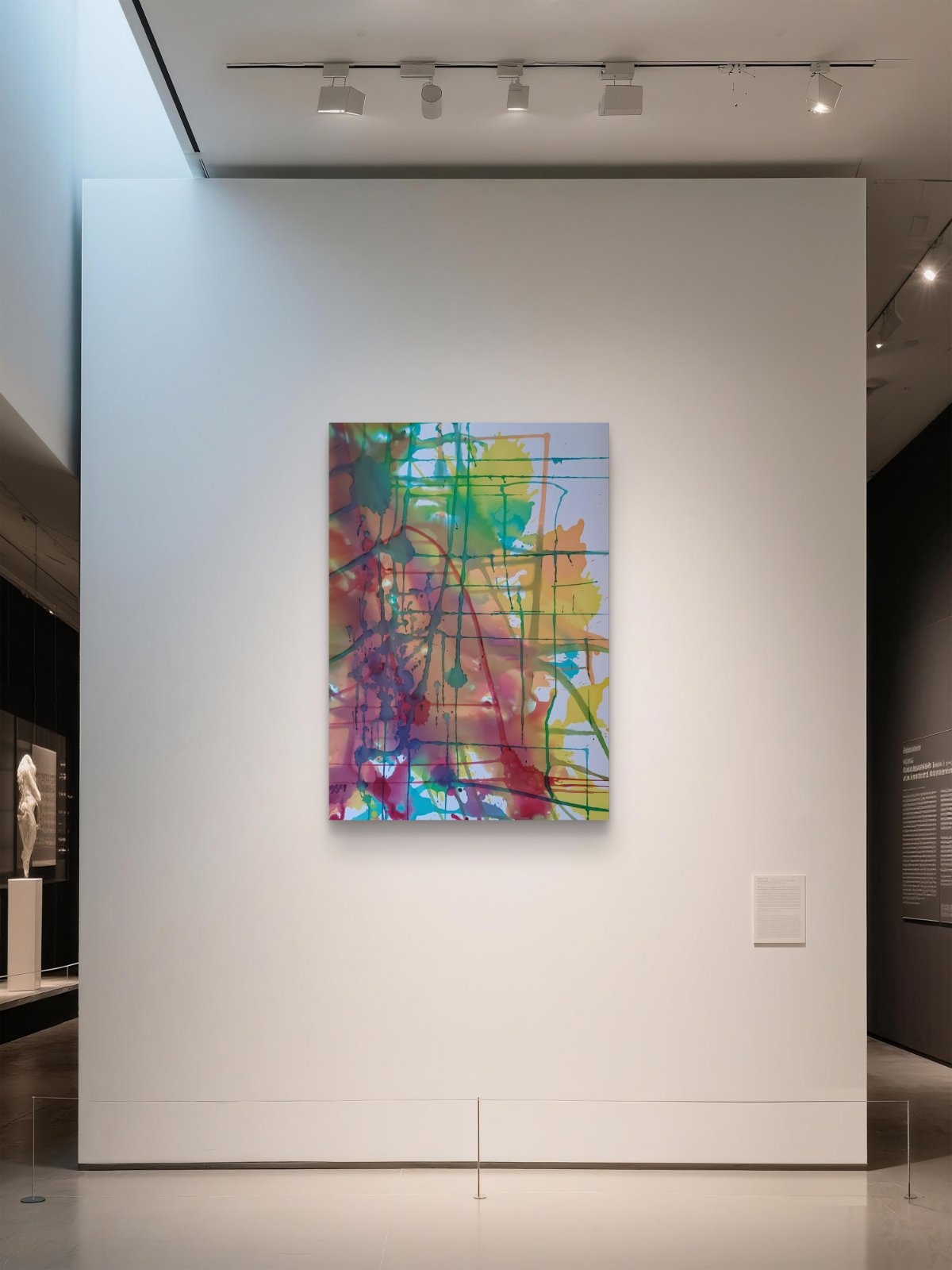 Original abstract painting titled 'The Fracture' by TRAXI, featuring expressive textures and dynamic movement. The artwork explores themes of change and emotional transformation through contemporary abstract expressionism. An abstract canvas painting with vibrant splashes of green, yellow, blue, purple, and red paint, displayed on a white gallery wall under track lighting.