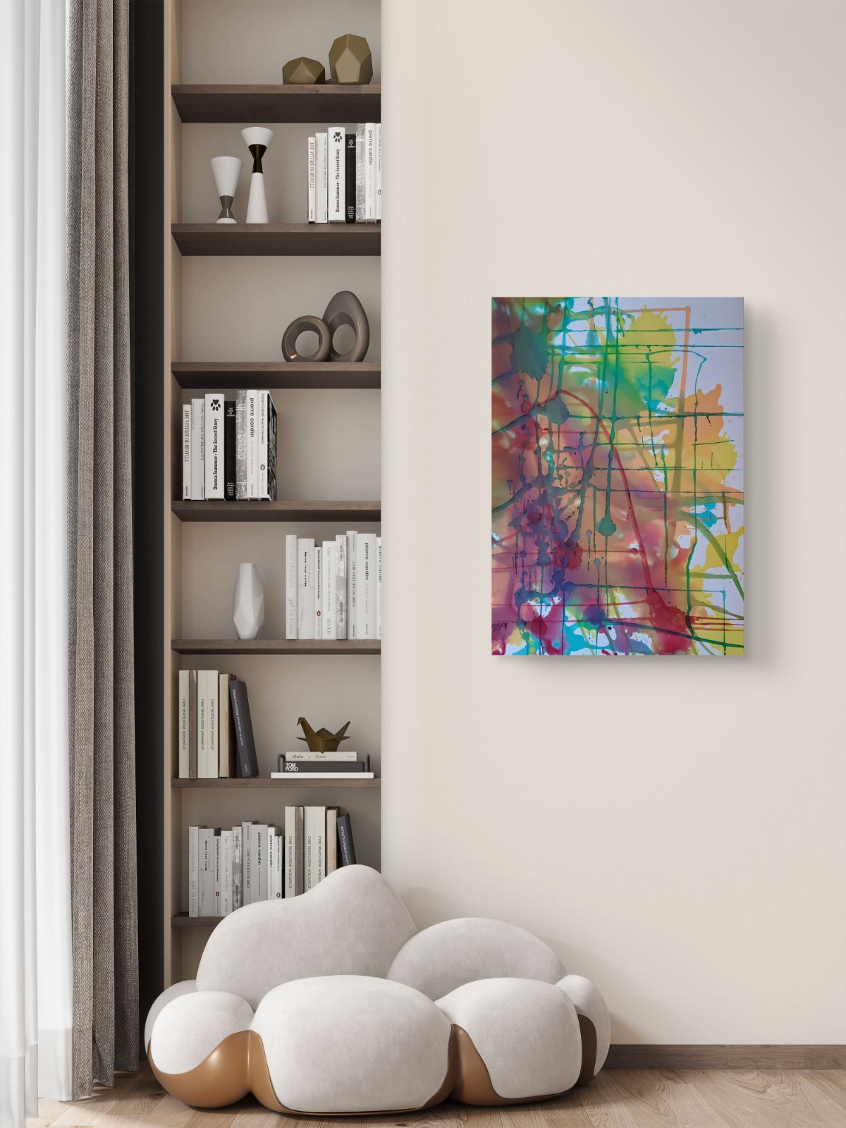 Original abstract painting titled 'The Fracture' by TRAXI, featuring expressive textures and dynamic movement. The artwork explores themes of change and emotional transformation through contemporary abstract expressionism. A colorful abstract canvas wall art print hanging on a beige wall in a modern living room setting next to a built-in bookshelf and a cloud-shaped white sofa.