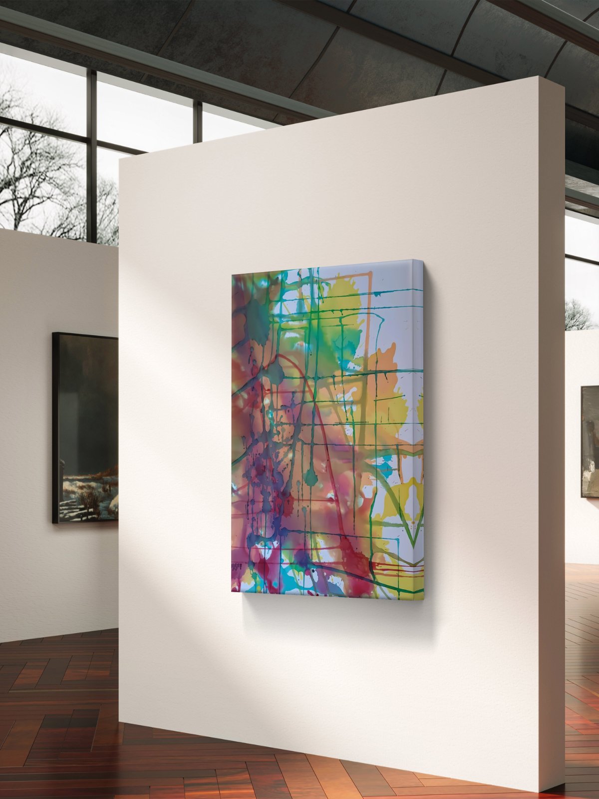 Original abstract painting titled 'The Fracture' by TRAXI, featuring expressive textures and dynamic movement. The artwork explores themes of change and emotional transformation through contemporary abstract expressionism. Abstract canvas wall art with colorful paint splatters and grid lines, displayed on a white gallery wall in a modern art museum setting.