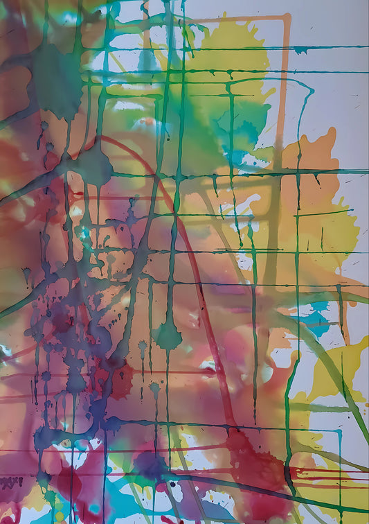 Original abstract painting titled 'The Fracture' by TRAXI, featuring expressive textures and dynamic movement. The artwork explores themes of change and emotional transformation through contemporary abstract expressionism. Abstract multicolor paint splatter and drip artwork on a white background, featuring overlapping areas of green, yellow, red, blue, purple, and orange with thin intersecting grid-like lines.