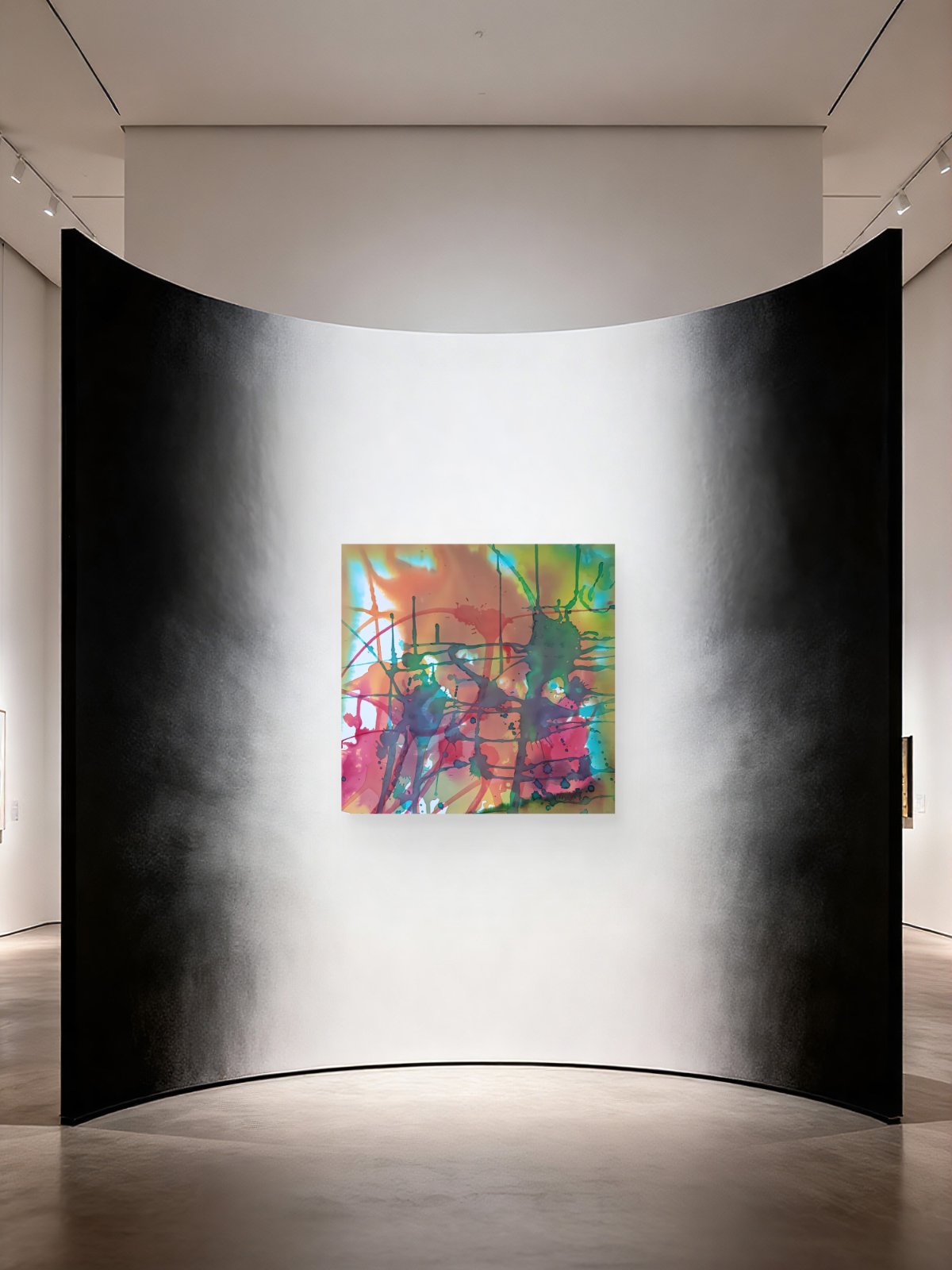 Original abstract painting titled 'The Noise' by TRAXI, featuring fragmented forms and energetic movement. The artwork explores urban life and contemporary chaos through abstract expressionism. An abstract colorful painting is displayed on a white wall within a curved black gallery partition in a modern gallery space.