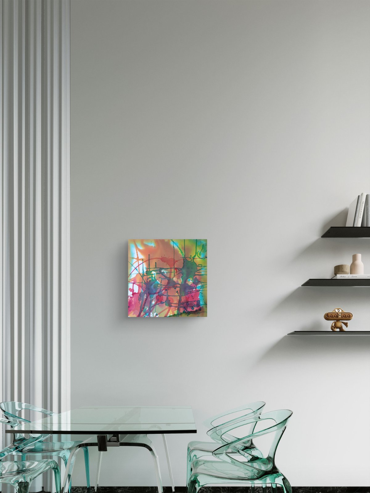 Original abstract painting titled 'The Noise' by TRAXI, featuring fragmented forms and energetic movement. The artwork explores urban life and contemporary chaos through abstract expressionism. A colorful abstract canvas wall art print hanging on a light gray wall in a modern dining room setting with a glass table and clear chairs.