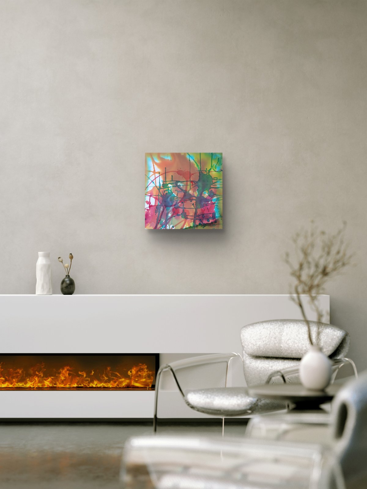 Original abstract painting titled 'The Noise' by TRAXI, featuring fragmented forms and energetic movement. The artwork explores urban life and contemporary chaos through abstract expressionism. A colorful abstract wall art print hangs on a textured light gray wall above a modern white fireplace console in a contemporary living room setting.