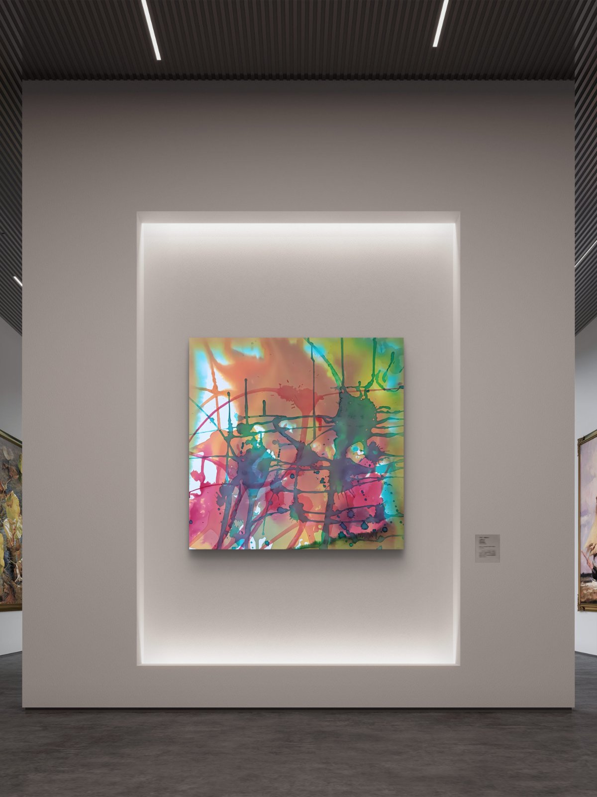 Original abstract painting titled 'The Noise' by TRAXI, featuring fragmented forms and energetic movement. The artwork explores urban life and contemporary chaos through abstract expressionism. A square abstract canvas painting with vibrant splashes of pink, green, orange, yellow, and blue, displayed on a modern gallery wall with built-in LED lighting.