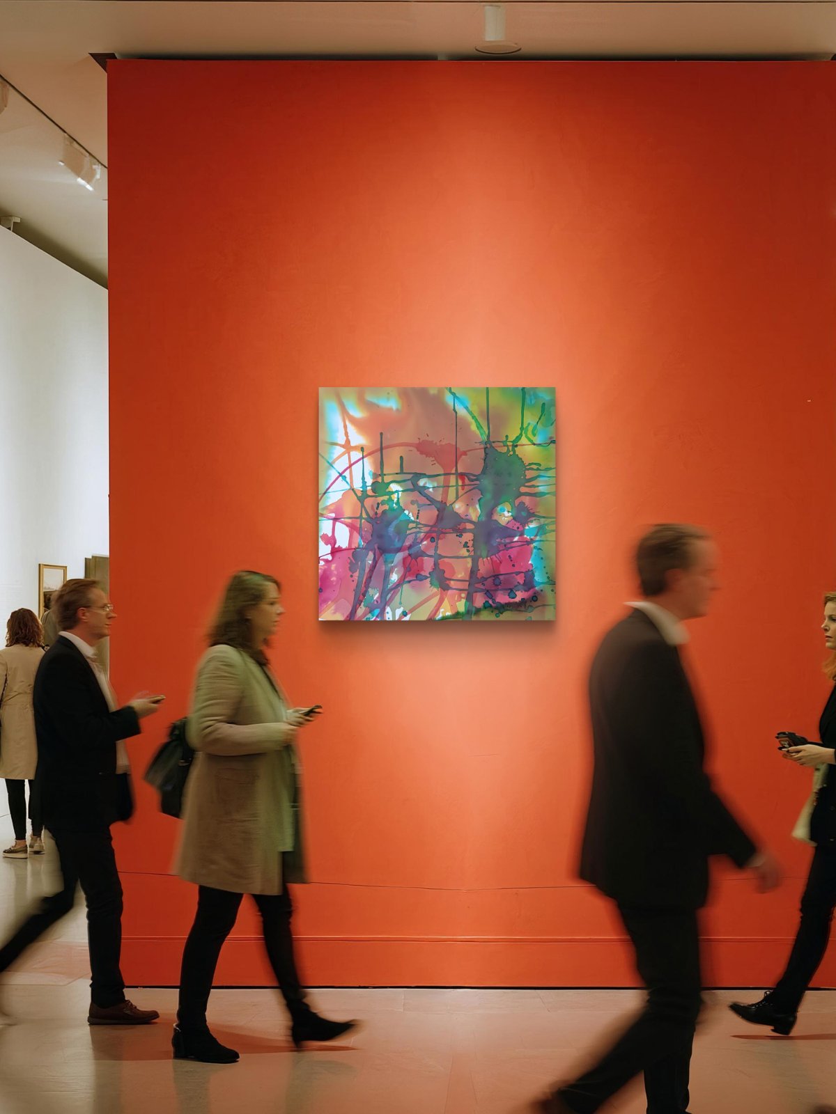 Original abstract painting titled 'The Noise' by TRAXI, featuring fragmented forms and energetic movement. The artwork explores urban life and contemporary chaos through abstract expressionism. An abstract colorful painting hangs on a bright orange gallery wall, with several people walking past in a museum or art gallery setting.
