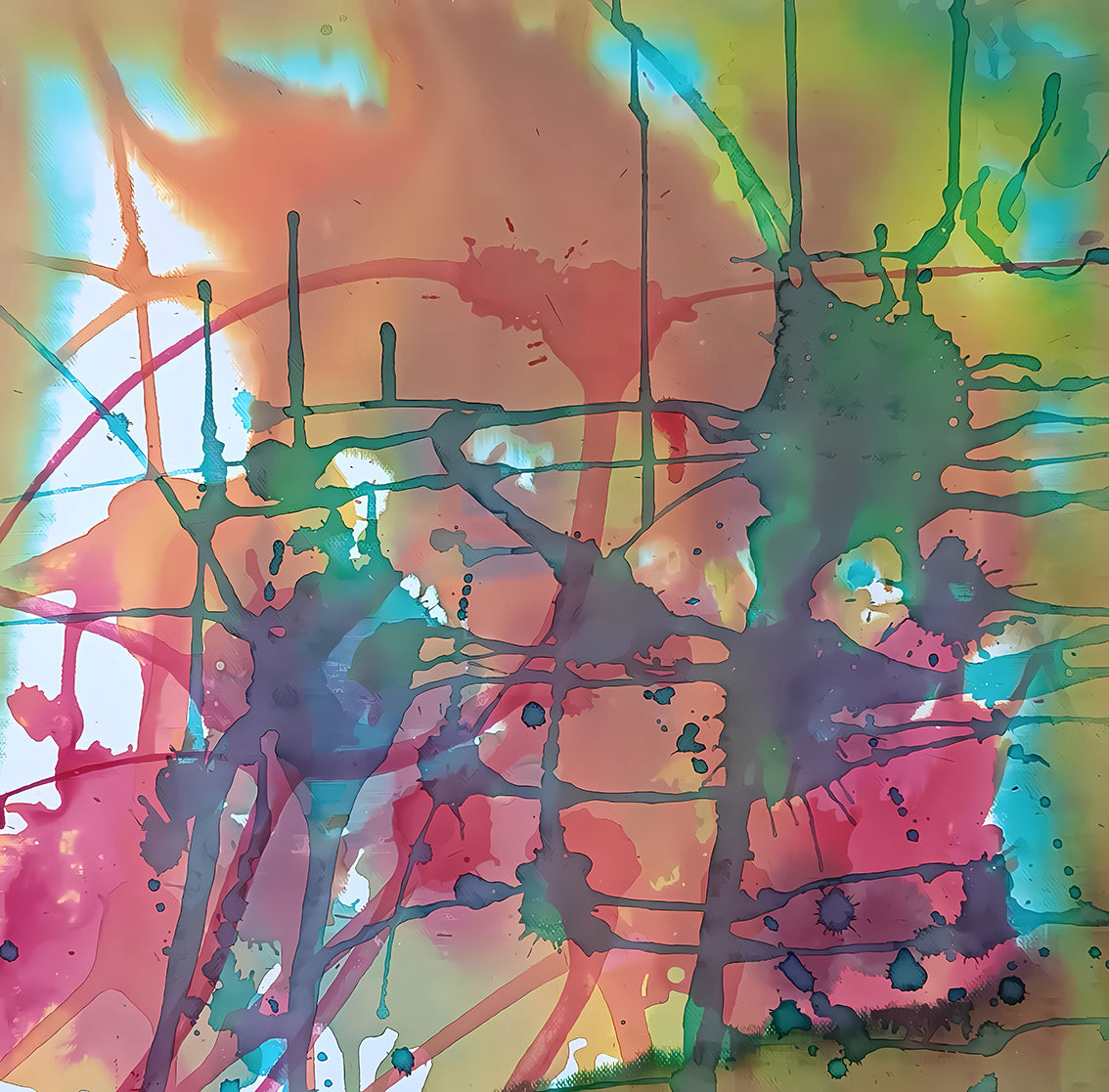 Original abstract painting titled 'The Noise' by TRAXI, featuring fragmented forms and energetic movement. The artwork explores urban life and contemporary chaos through abstract expressionism. Abstract paint splatter artwork with layered drips and splashes in green, teal, pink, orange, yellow, and purple over a warm peach and cream background.