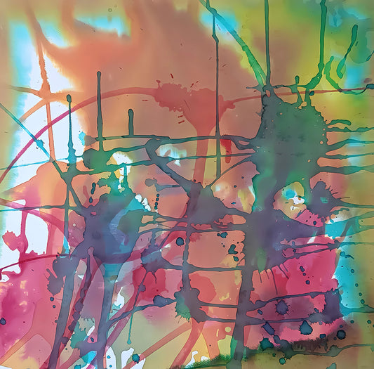 Original abstract painting titled 'The Noise' by TRAXI, featuring fragmented forms and energetic movement. The artwork explores urban life and contemporary chaos through abstract expressionism. Abstract paint splatter artwork with layered drips and splashes in green, teal, pink, orange, yellow, and purple over a warm peach and cream background.