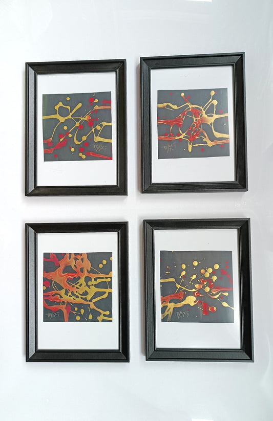 The complete SIGNS art collection by Diana Dimova - TRAXI, featuring all four abstract miniature paintings in luxury black frames displayed together.