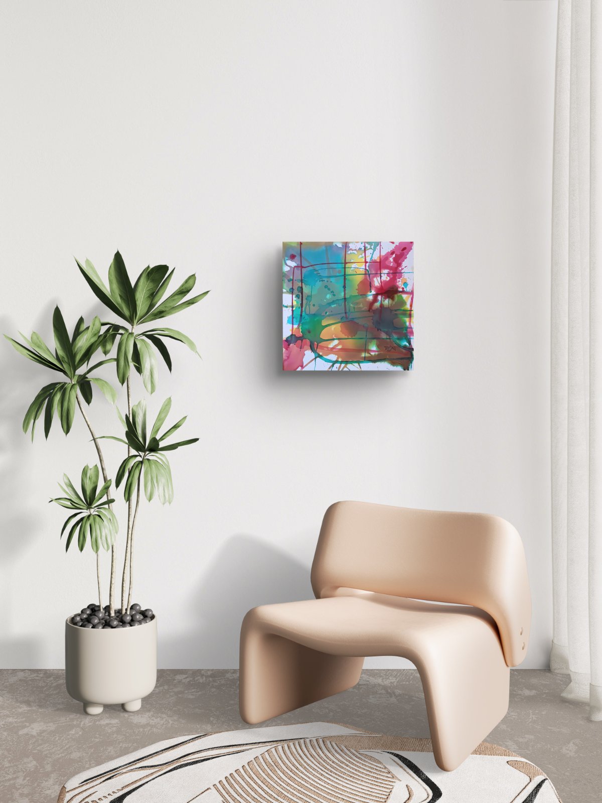 Original abstract painting titled 'The System' by TRAXI, featuring layered geometric structures and fluid textures  The artwork explores themes of order and the human condition through contemporary abstract expressionism A colorful abstract canvas wall art print hanging on a white wall in a modern living room setting, featuring a beige sculptural chair, a potted green plant, and a patterned rug.