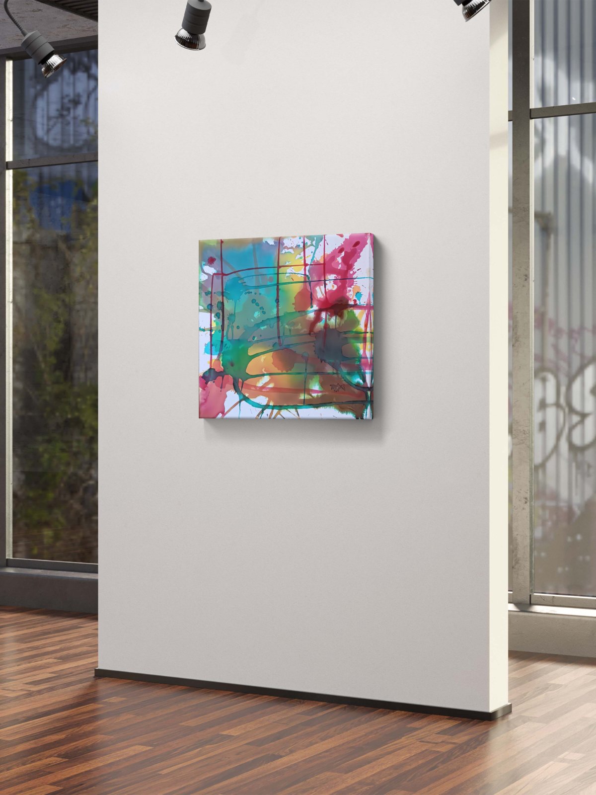 Original abstract painting titled 'The System' by TRAXI, featuring layered geometric structures and fluid textures  The artwork explores themes of order and the human condition through contemporary abstract expressionism Abstract canvas wall art with colorful paint splatters and brushstrokes, displayed on a white gallery wall in a modern room with wood floors and windows.