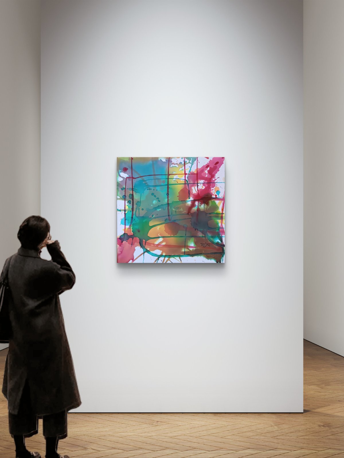 Original abstract painting titled 'The System' by TRAXI, featuring layered geometric structures and fluid textures  The artwork explores themes of order and the human condition through contemporary abstract expressionism A person in a dark coat stands in a gallery room looking at a colorful abstract canvas painting mounted on a white wall.