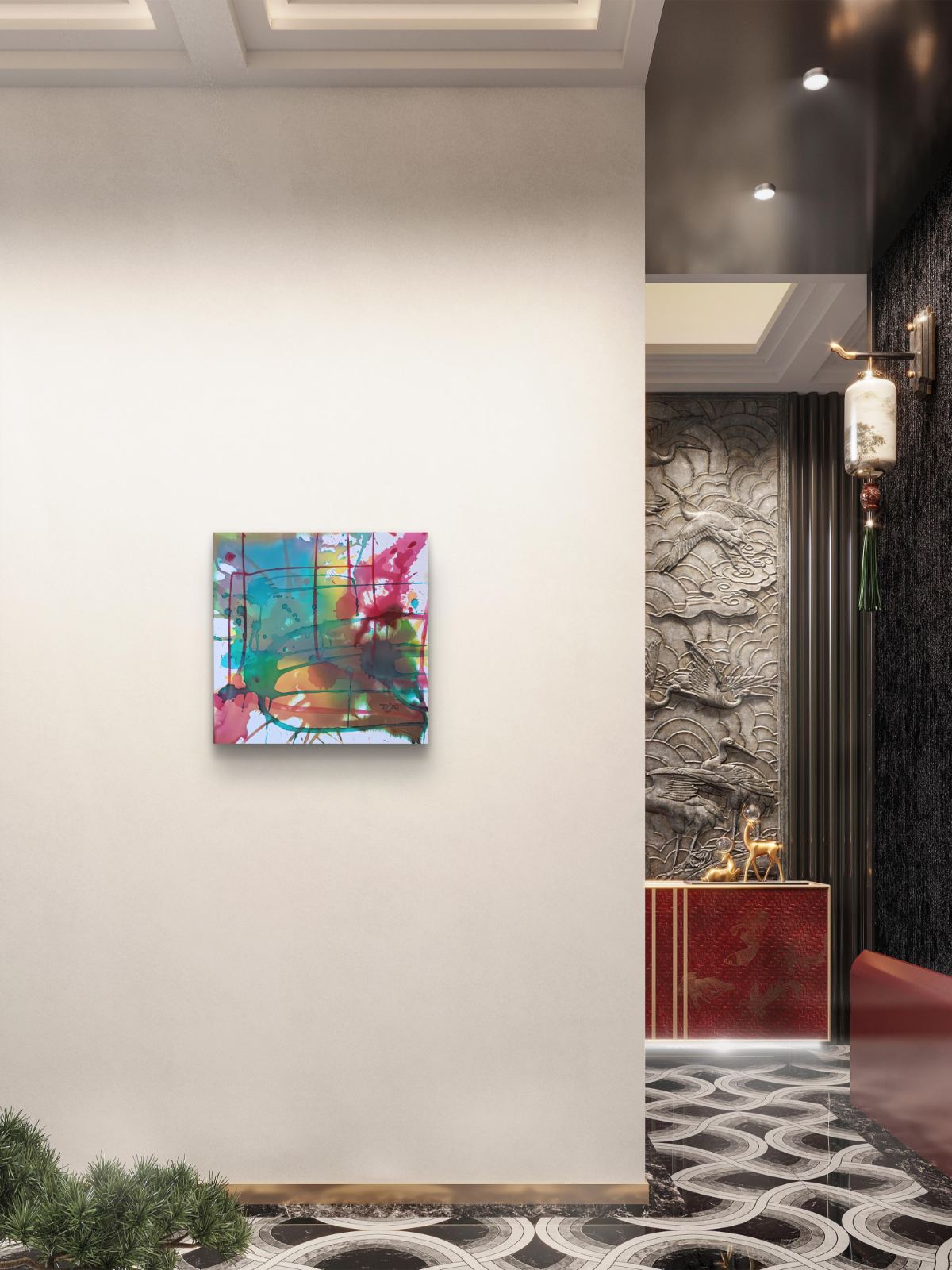 Original abstract painting titled 'The System' by TRAXI, featuring layered geometric structures and fluid textures  The artwork explores themes of order and the human condition through contemporary abstract expressionism A square abstract wall art print with vibrant splashes of teal, pink, yellow, and green, displayed on a light beige wall in a modern interior hallway.