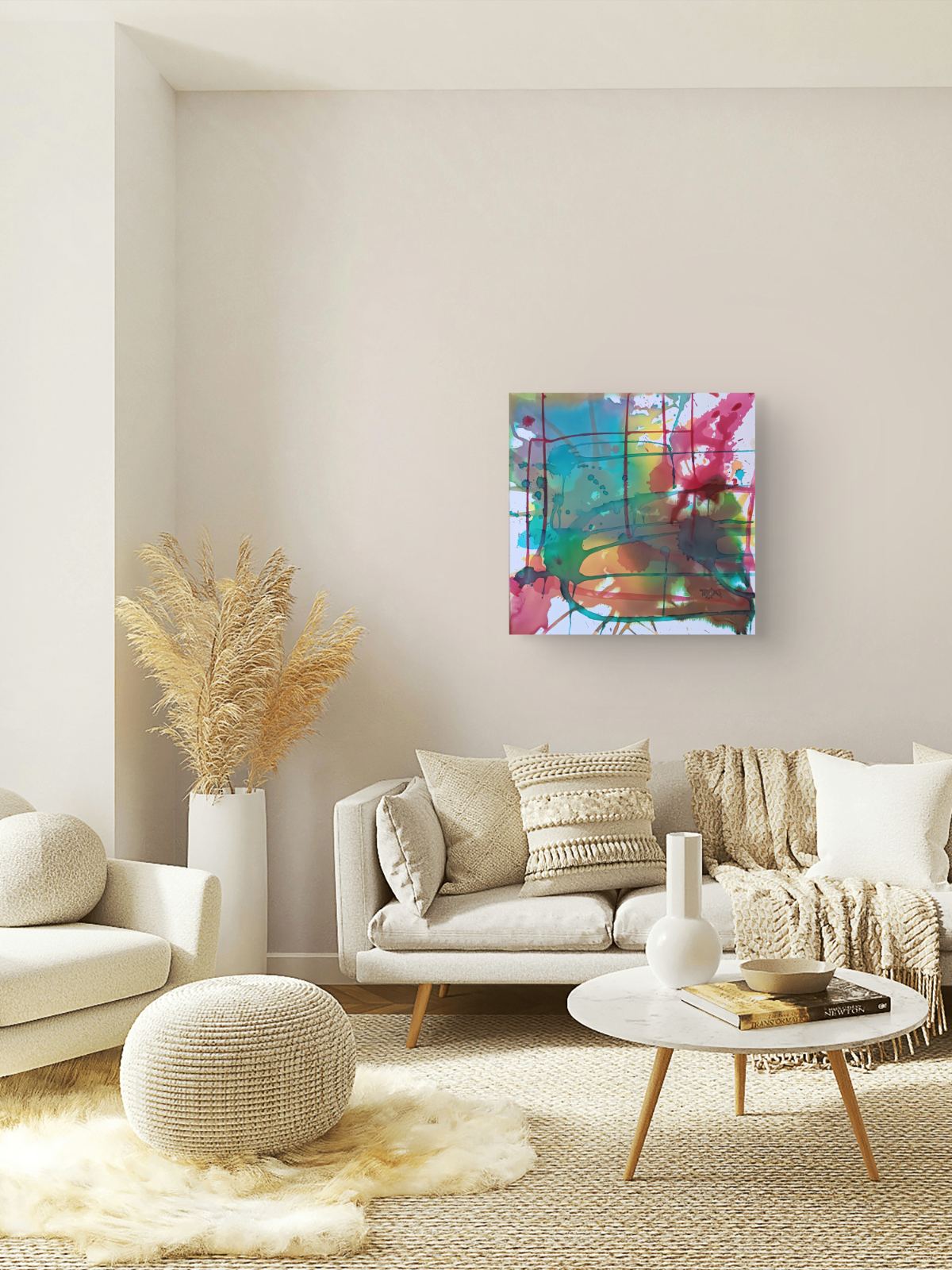 Original abstract painting titled 'The System' by TRAXI, featuring layered geometric structures and fluid textures  The artwork explores themes of order and the human condition through contemporary abstract expressionism An abstract canvas art print with vibrant splashes of pink, teal, blue, and orange displayed on a neutral beige wall in a modern, cozy living room setting.