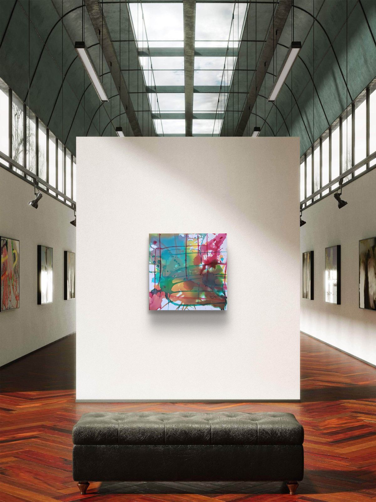 Original abstract painting titled 'The System' by TRAXI, featuring layered geometric structures and fluid textures  The artwork explores themes of order and the human condition through contemporary abstract expressionism A colorful abstract canvas painting is displayed on a white gallery wall in a modern industrial loft space with a dark tufted bench in the foreground.