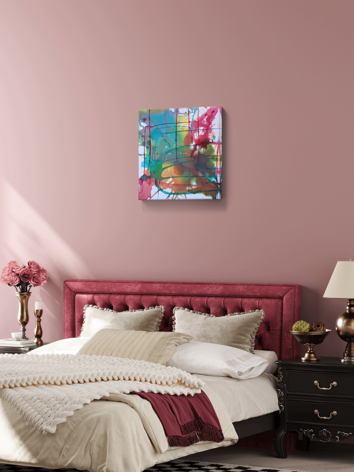 Original abstract painting titled 'The System' by TRAXI, featuring layered geometric structures and fluid textures  The artwork explores themes of order and the human condition through contemporary abstract expressionism A colorful abstract canvas wall art print hanging on a dusty pink bedroom wall above a bed with a pink tufted headboard, cream bedding, and dark wood nightstands.
