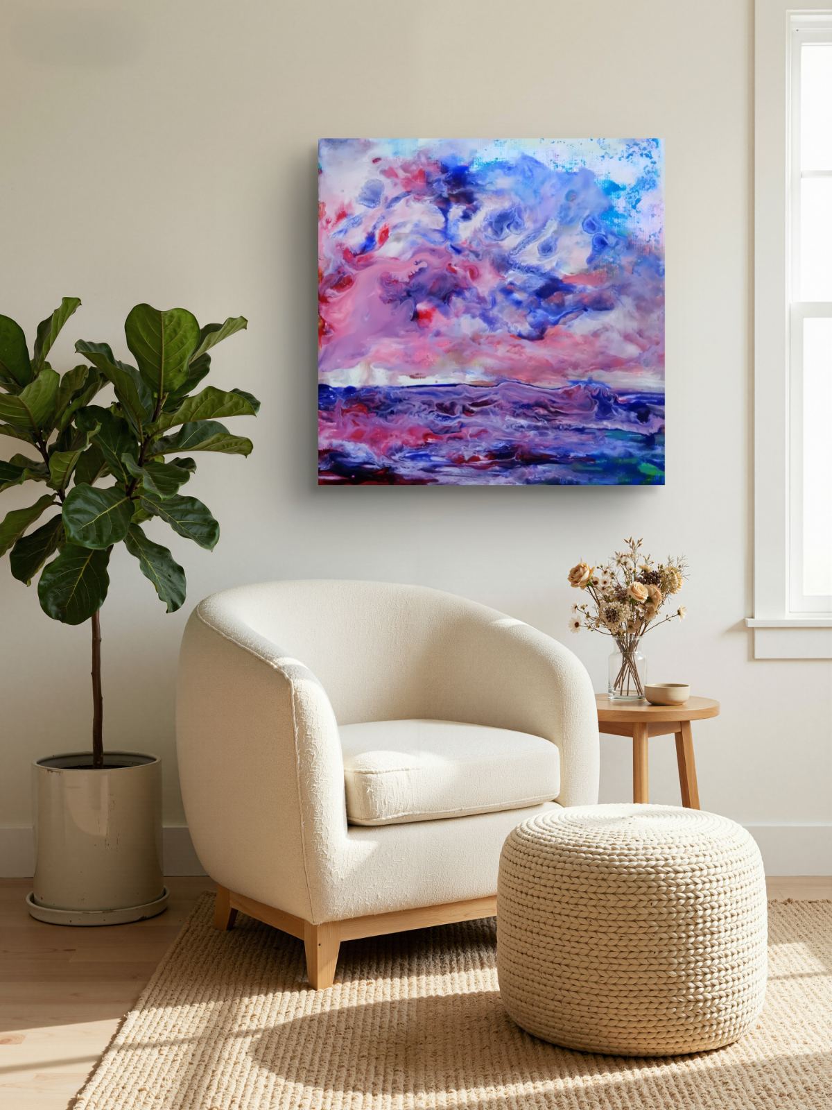 Waves limited edition square premium canvas print in soft pink, purple, and blue abstract ocean layers by Diana Dimova TRAXI ART.
