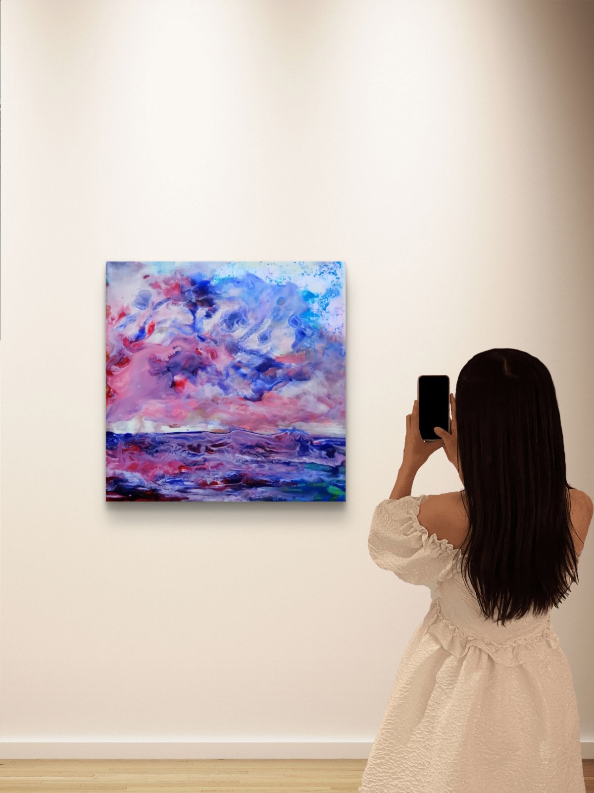 Waves limited edition square premium canvas print in soft pink, purple, and blue abstract ocean layers by Diana Dimova TRAXI ART.
