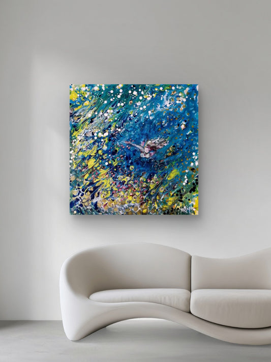 Abstract Underwater Woman limited edition square premium canvas print with blue, green, and yellow ocean depths by Diana Dimova TRAXI ART.