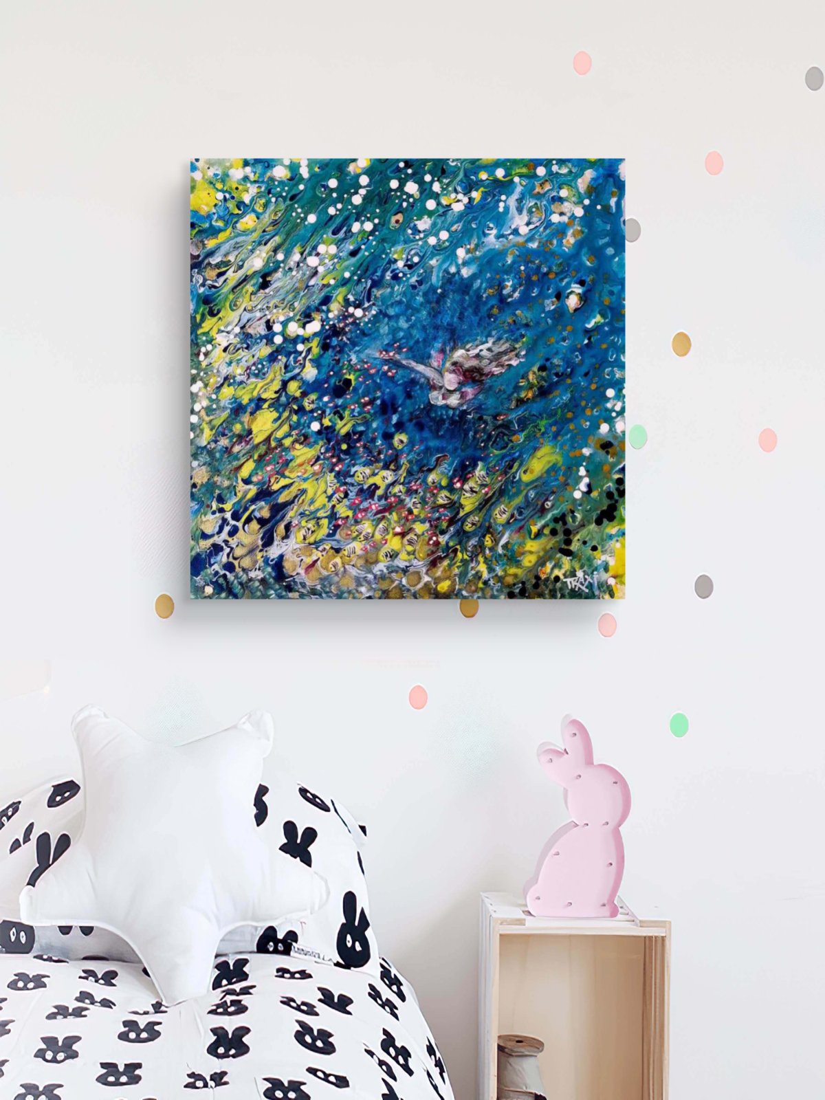 Abstract Underwater Woman original marine fluid acrylic painting with blue, green, and yellow ocean depths by Diana Dimova TRAXI ART.