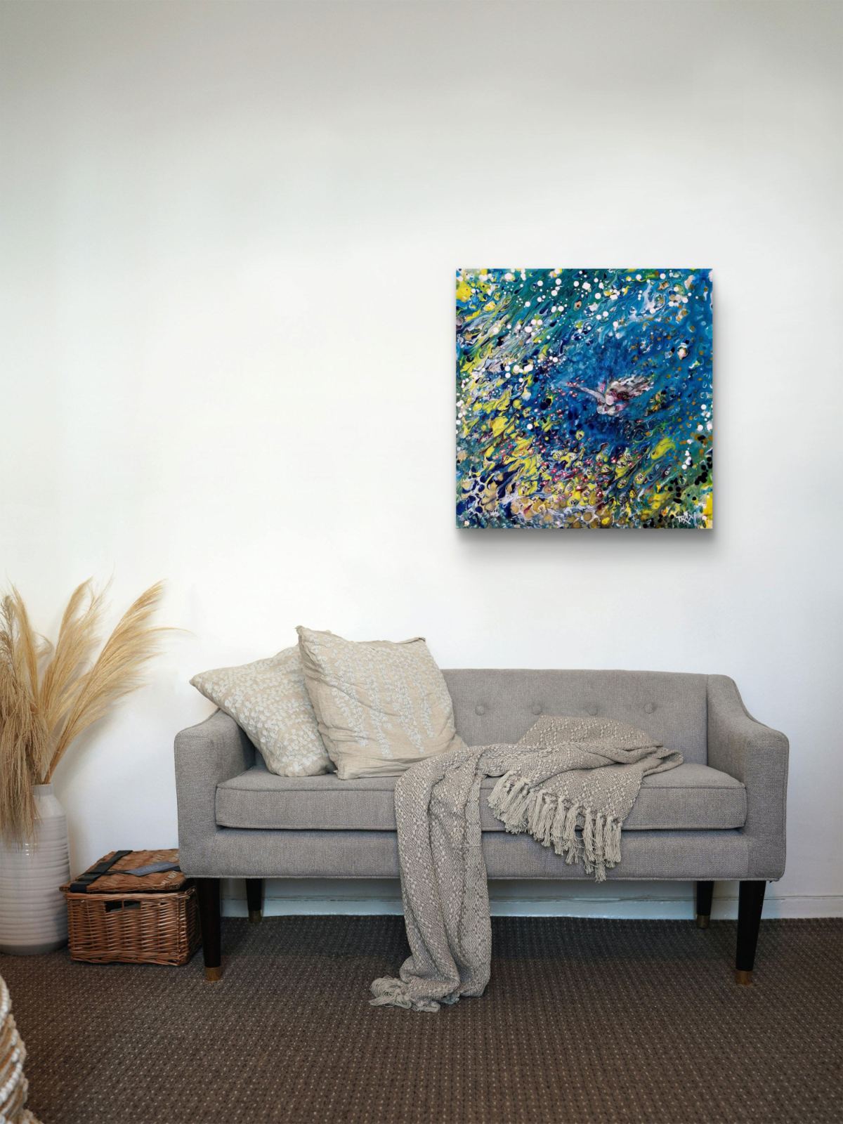 Abstract Underwater Woman original marine fluid acrylic painting with blue, green, and yellow ocean depths by Diana Dimova TRAXI ART.