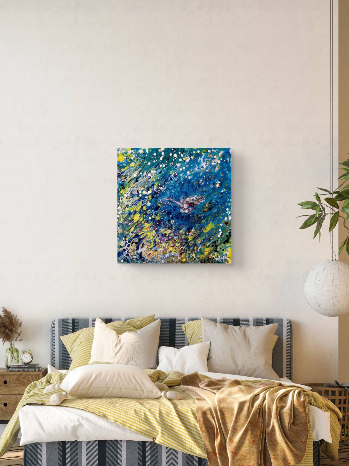 Abstract Underwater Woman original marine fluid acrylic painting with blue, green, and yellow ocean depths by Diana Dimova TRAXI ART.