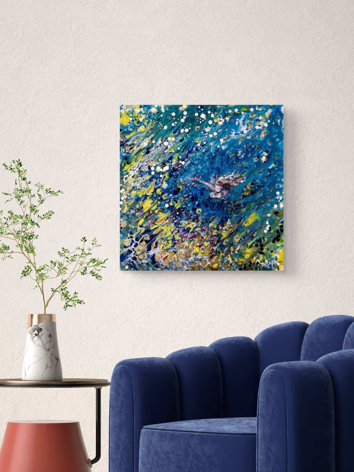 Abstract Underwater Woman original marine fluid acrylic painting with blue, green, and yellow ocean depths by Diana Dimova TRAXI ART.