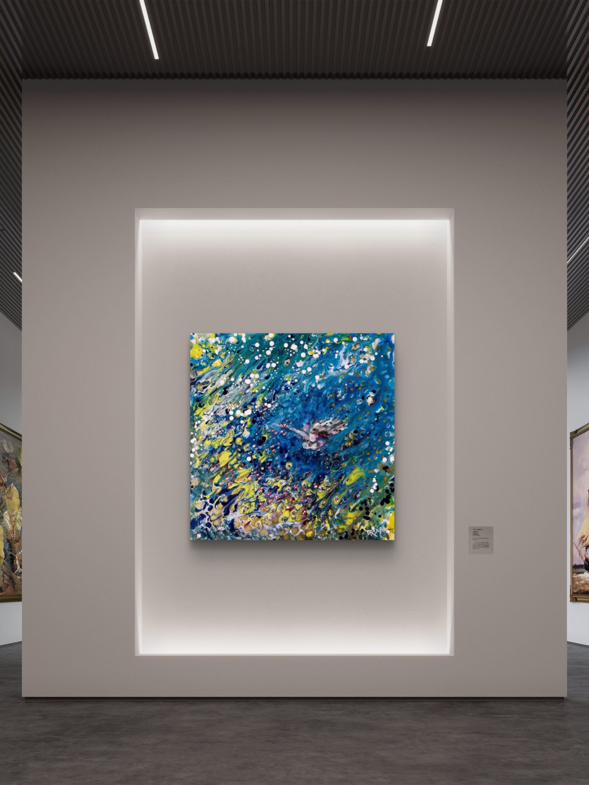 Abstract Underwater Woman original marine fluid acrylic painting with blue, green, and yellow ocean depths by Diana Dimova TRAXI ART.
