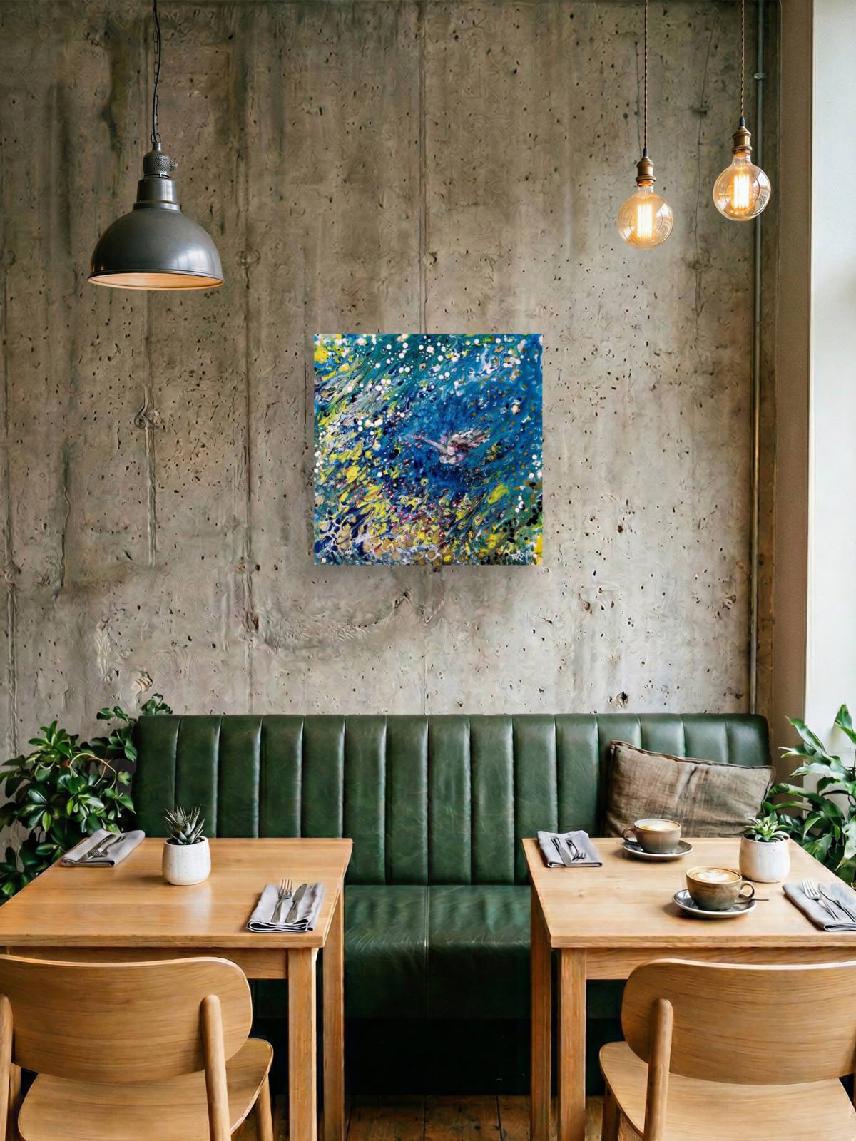 Abstract Underwater Woman original marine fluid acrylic painting with blue, green, and yellow ocean depths by Diana Dimova TRAXI ART.