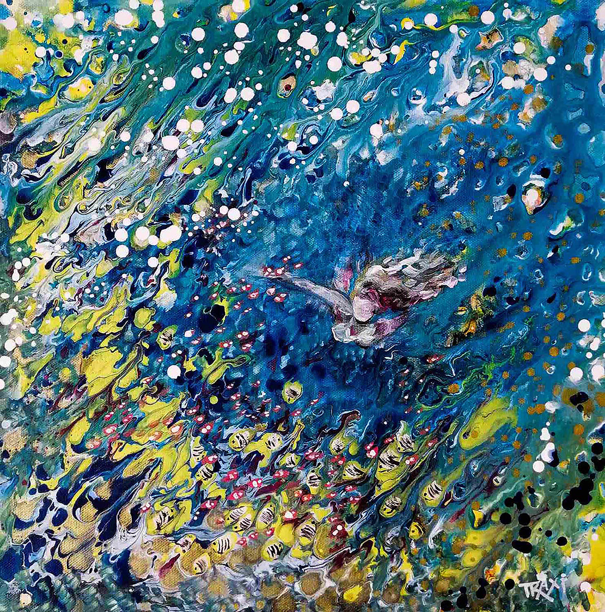 Abstract Underwater Woman original marine fluid acrylic painting with blue, green, and yellow ocean depths by Diana Dimova TRAXI ART.