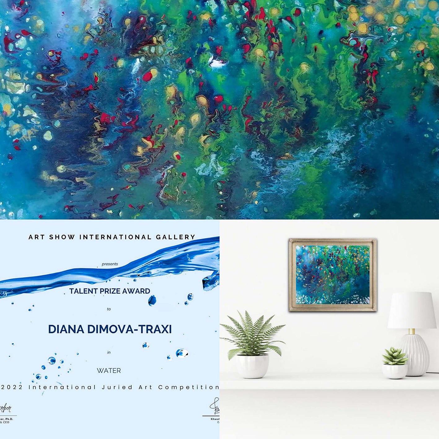 Blue Abstract Water Magic award-winning original acrylic painting by Diana Dimova TRAXI ART. A deep blue abstract window of living water, creating a peaceful and magical atmosphere in a luxury modern interior.