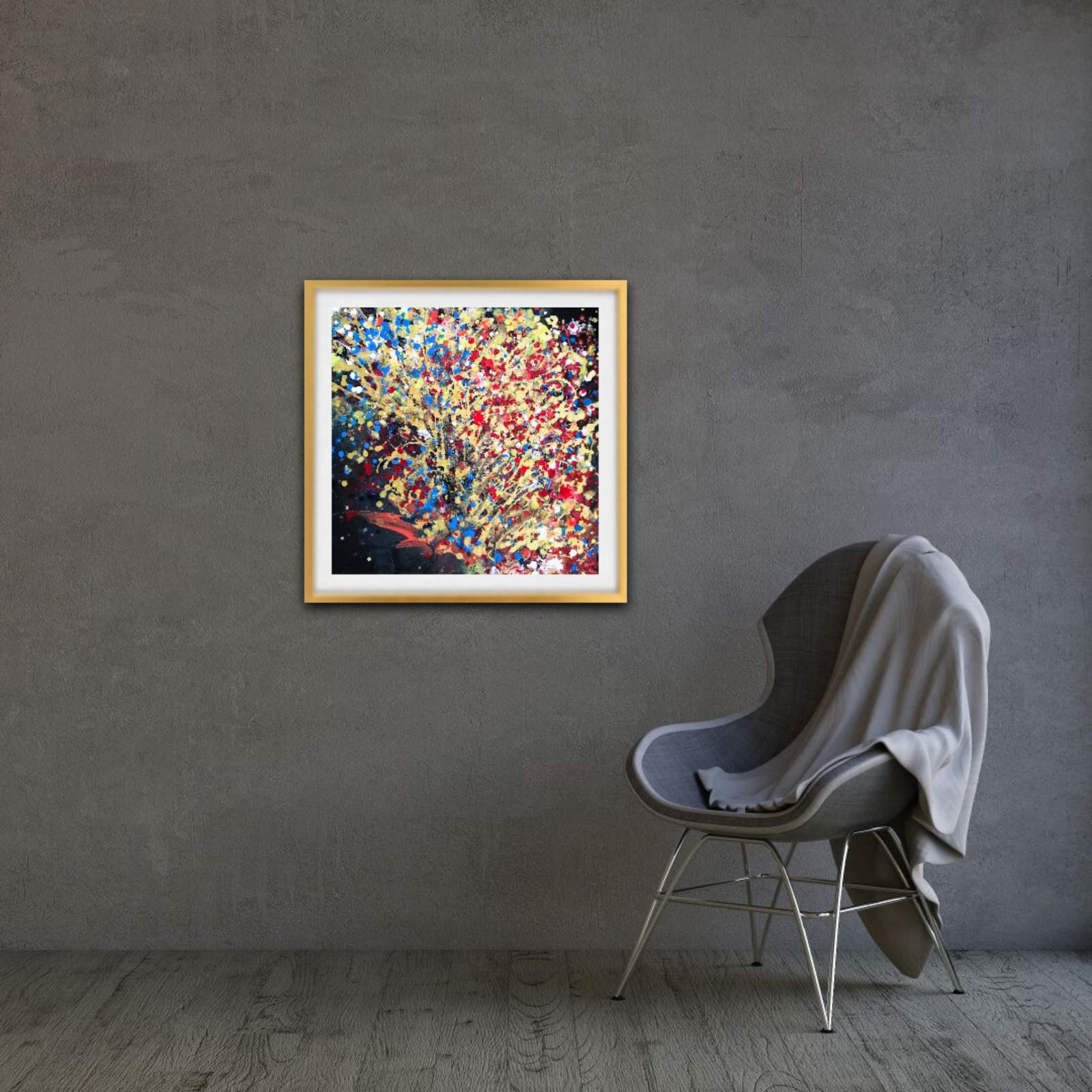 Autumn Landscape original golden and black abstract fluid acrylic painting with warm red, yellow, and blue strokes by Diana Dimova TRAXI ART.