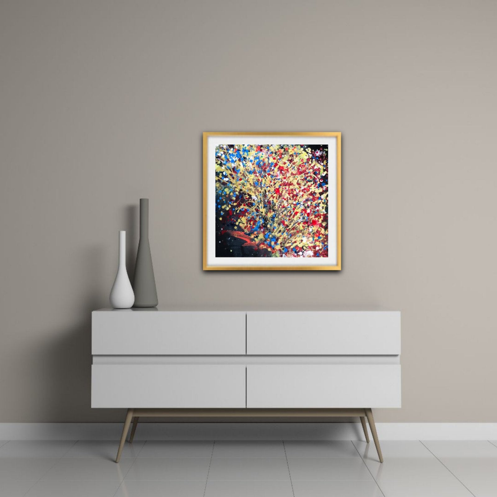 Autumn Landscape original golden and black abstract fluid acrylic painting with warm red, yellow, and blue strokes by Diana Dimova TRAXI ART.