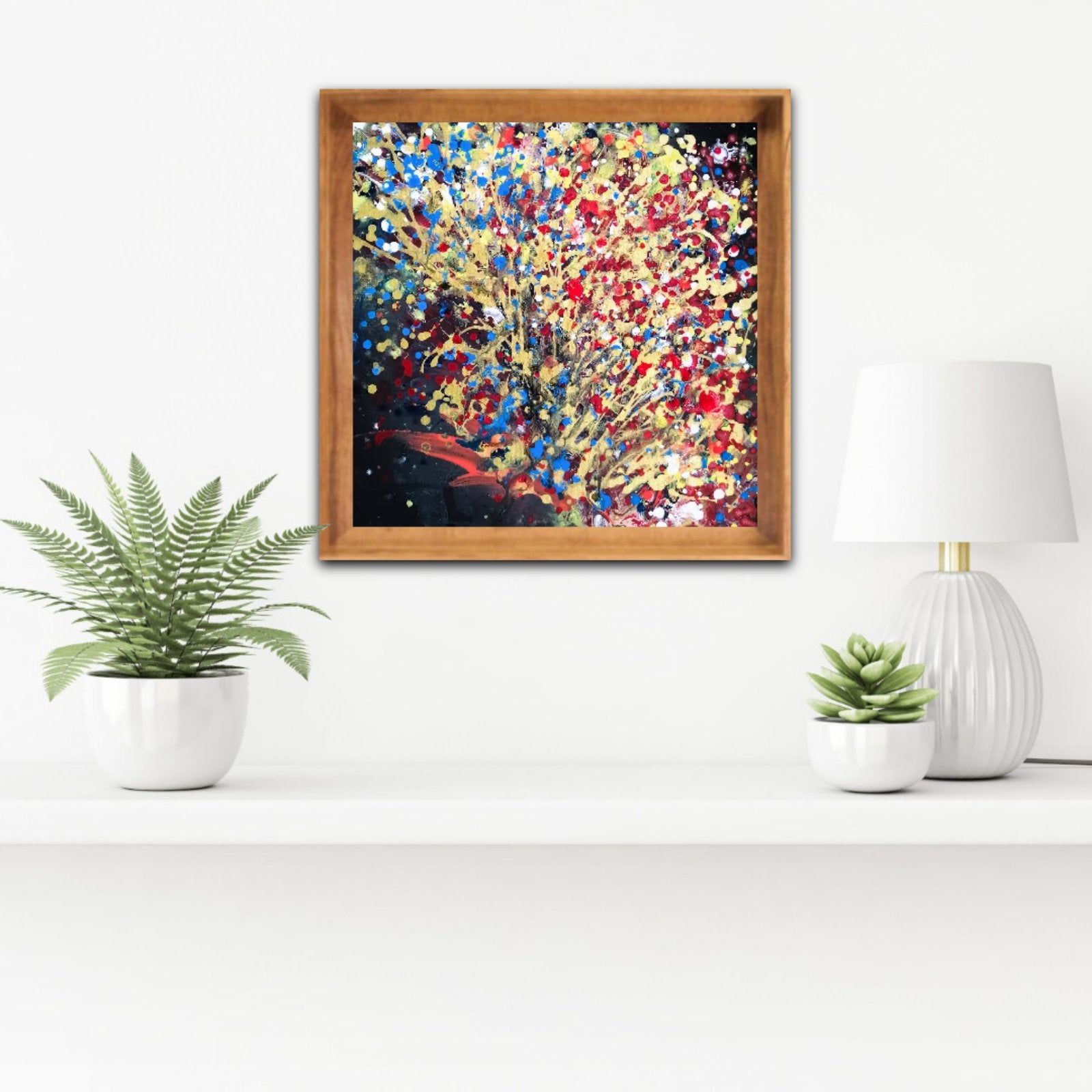 Autumn Landscape original golden and black abstract fluid acrylic painting with warm red, yellow, and blue strokes by Diana Dimova TRAXI ART.