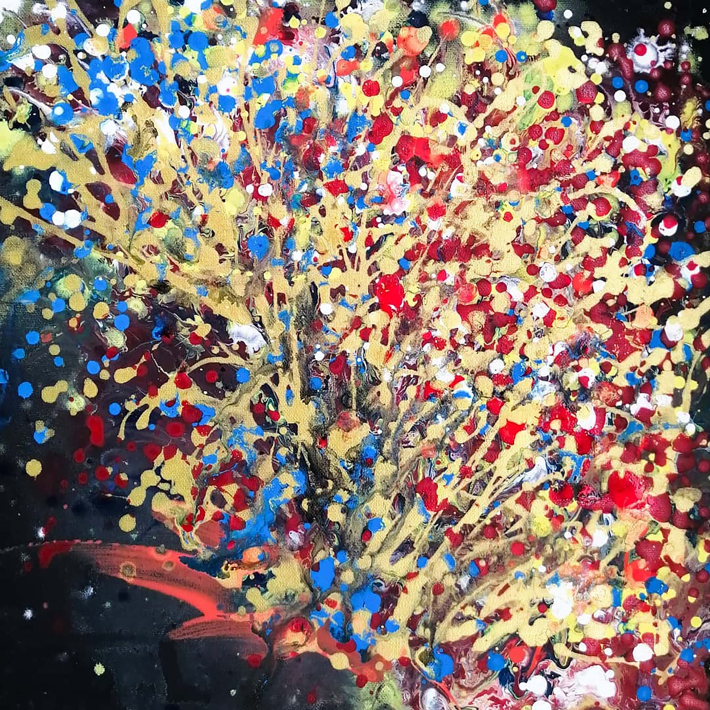 Autumn Landscape original golden and black abstract fluid acrylic painting with warm red, yellow, and blue strokes by Diana Dimova TRAXI ART.