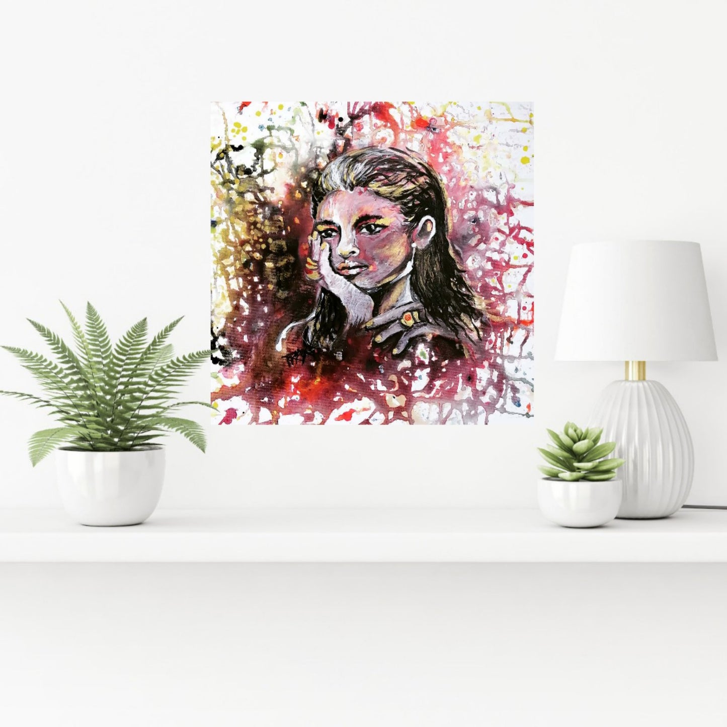 Autumn Thoughts original abstract feminine portrait fluid acrylic painting with vibrant red, yellow, and black splashes by Diana Dimova TRAXI ART.