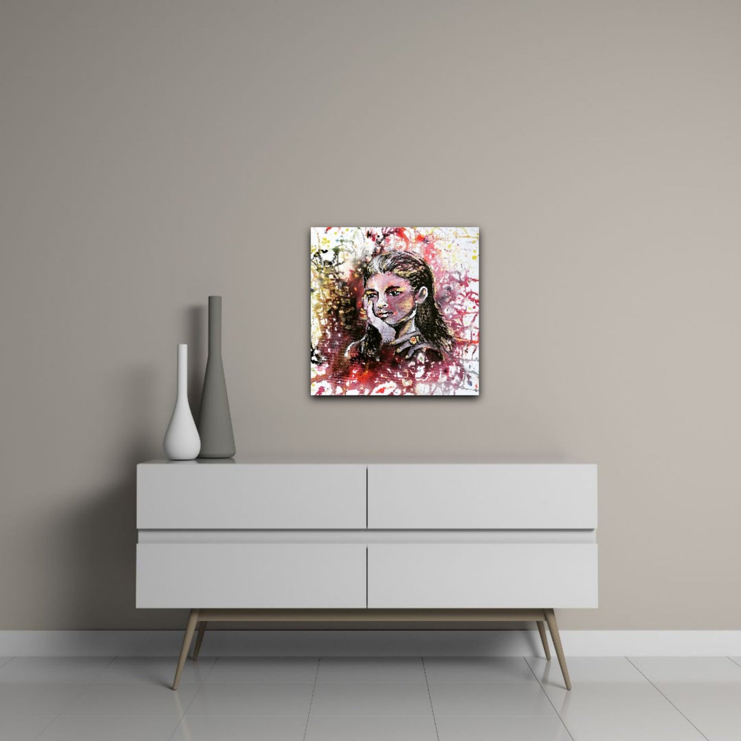 Autumn Thoughts original abstract feminine portrait fluid acrylic painting with vibrant red, yellow, and black splashes by Diana Dimova TRAXI ART.