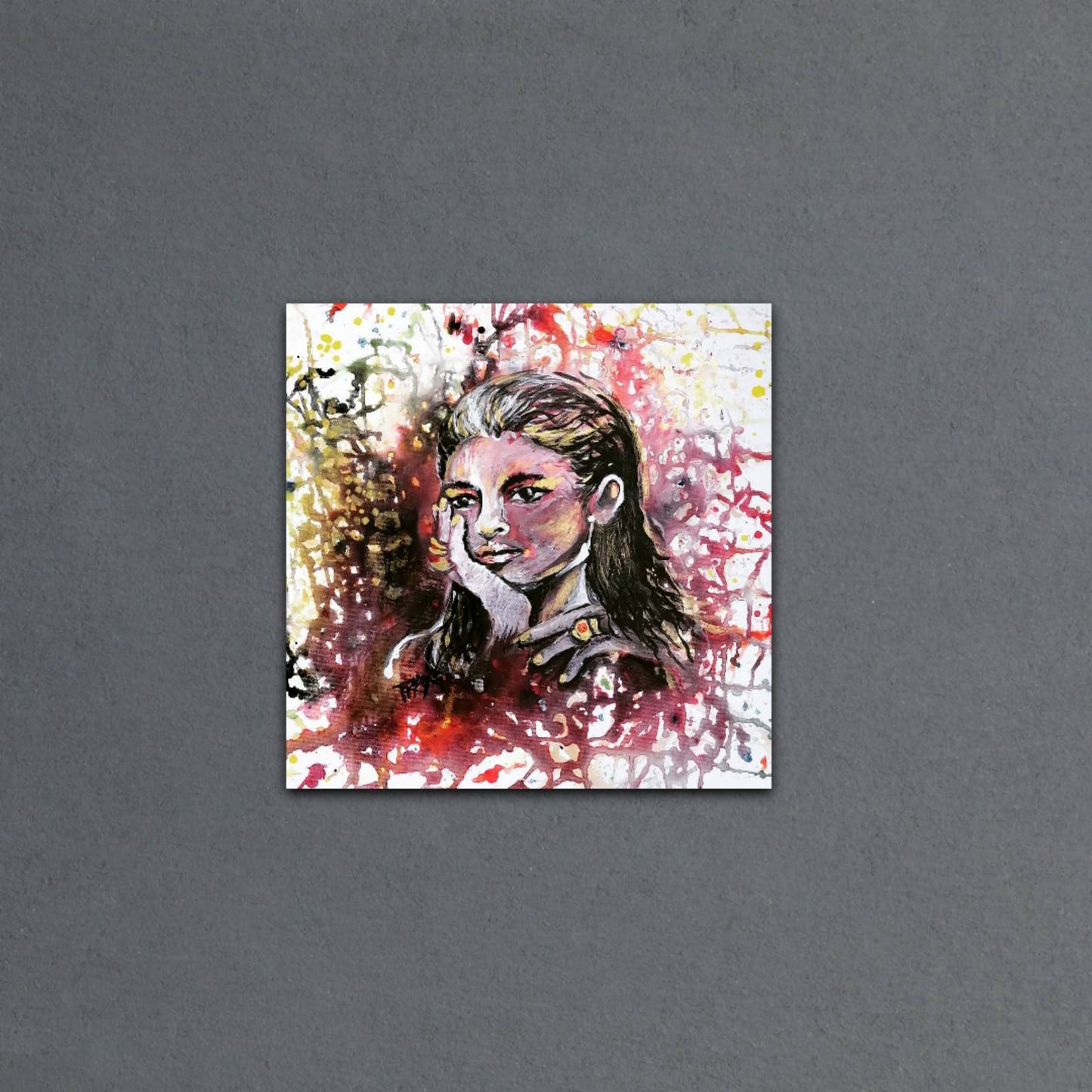 Autumn Thoughts original abstract feminine portrait fluid acrylic painting with vibrant red, yellow, and black splashes by Diana Dimova TRAXI ART.