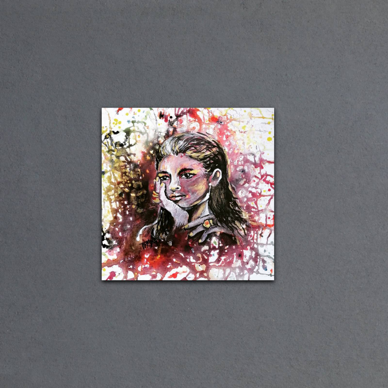 Autumn Thoughts original abstract feminine portrait fluid acrylic painting with vibrant red, yellow, and black splashes by Diana Dimova TRAXI ART.