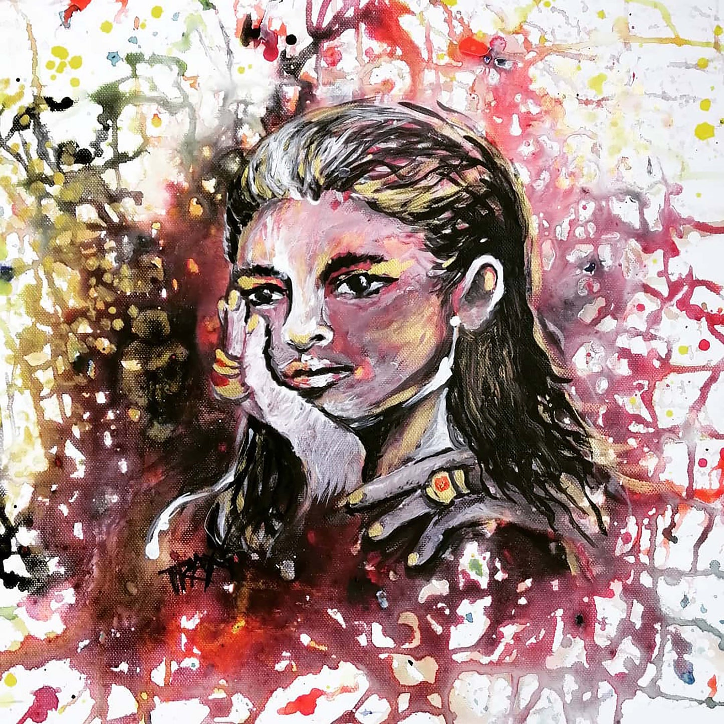 Autumn Thoughts original abstract feminine portrait fluid acrylic painting with vibrant red, yellow, and black splashes by Diana Dimova TRAXI ART.