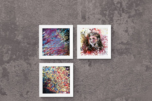 Autumn Thoughts and Questions limited edition premium three-panel canvas triptych print set with golden, black, red, and blue tones by Diana Dimova TRAXI ART.