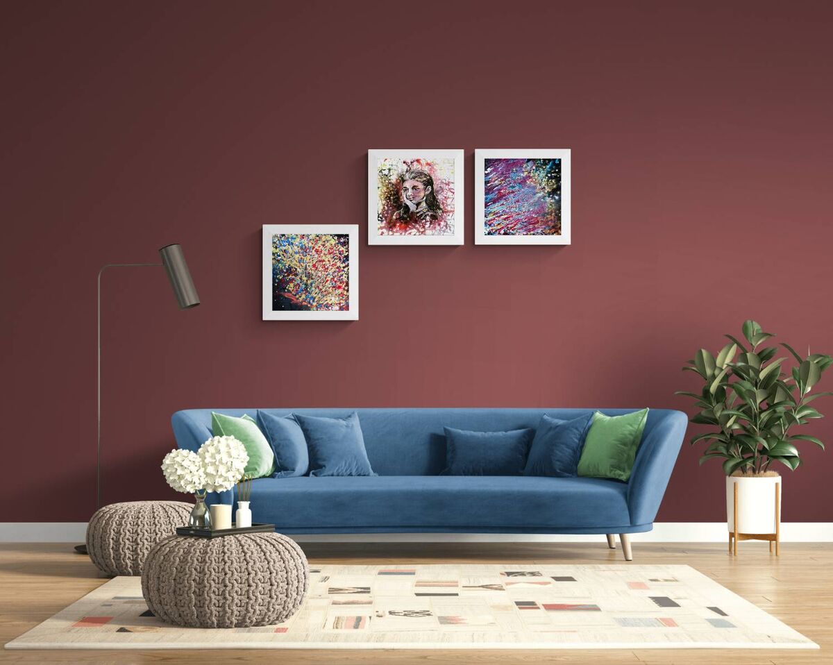 Autumn Thoughts and Questions original abstract three-canvas triptych painting with golden, black, red, and blue tones by Diana Dimova TRAXI ART.