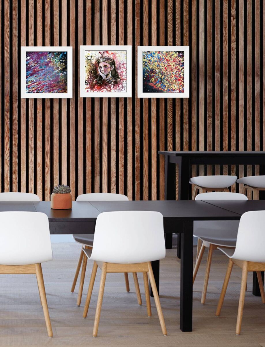 Autumn Thoughts and Questions original abstract three-canvas triptych painting with golden, black, red, and blue tones by Diana Dimova TRAXI ART.