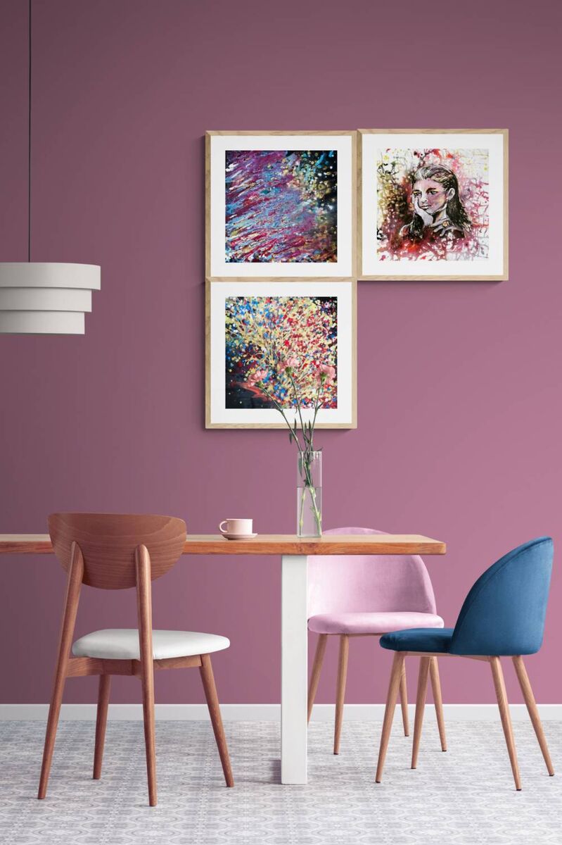Autumn Thoughts and Questions original abstract three-canvas triptych painting with golden, black, red, and blue tones by Diana Dimova TRAXI ART.