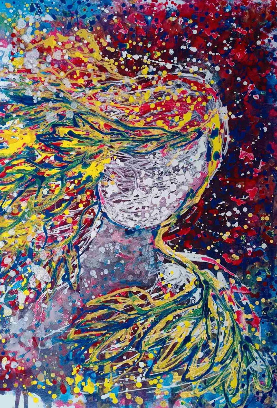 Abstract painting of a stylized female figure with flowing multicolored hair, rendered in expressive brushstrokes and paint splatters of red, yellow, blue, green, white, and purple. Autumn’s Smile original abstract portrait fluid acrylic painting with warm burgundy, gold, and orange tones representing feminine autumn energy by Diana Dimova TRAXI ART.