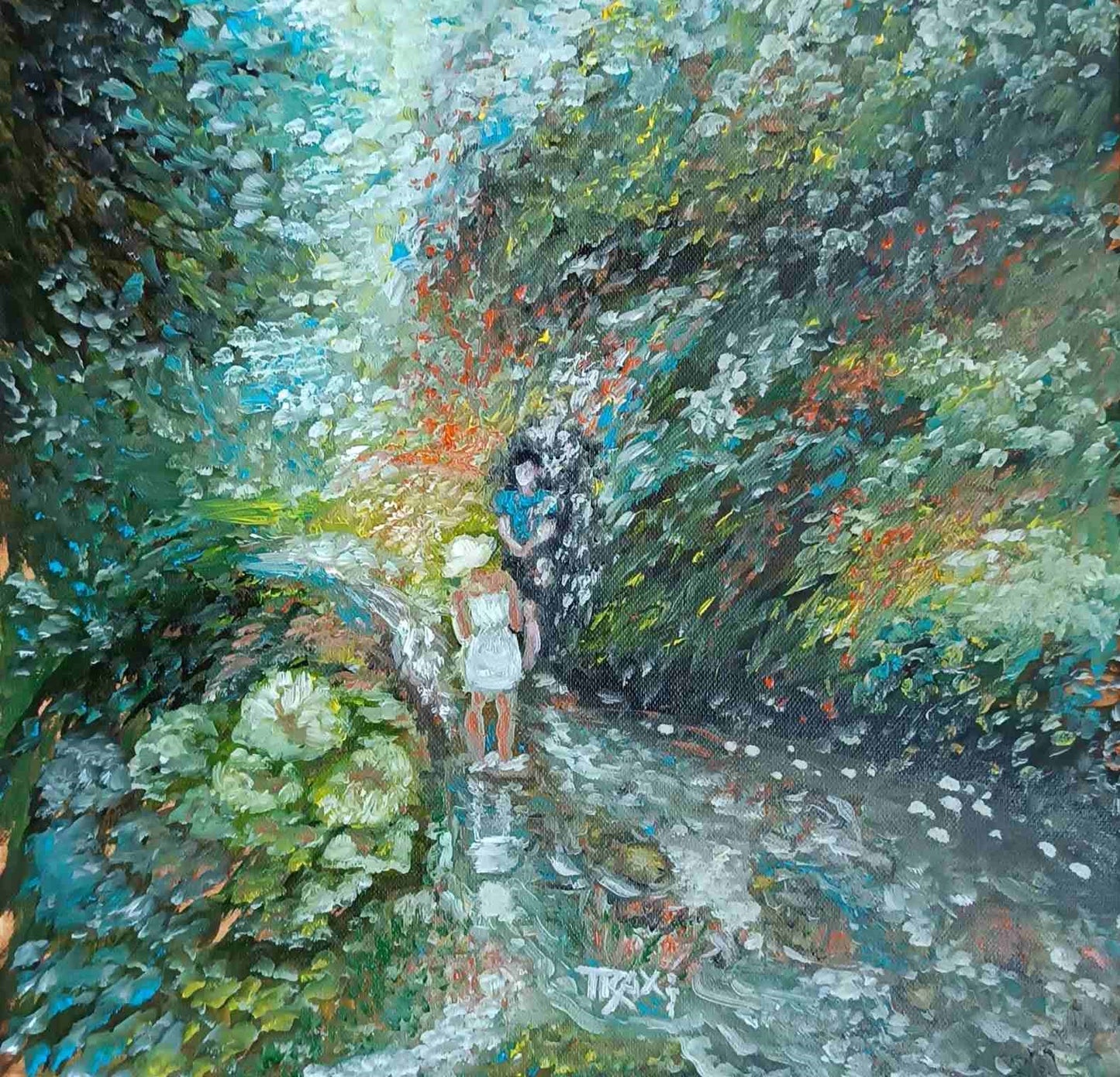 Painting of two figures walking along a path in a forest By the River original impressionist oil painting with fresh green and white tones depicting a young girl by the river by Diana Dimova TRAXI ART.