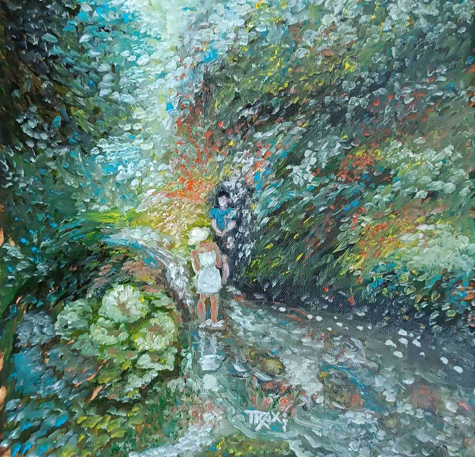 Painting of two figures walking along a path in a forest By the River original impressionist oil painting with fresh green and white tones depicting a young girl by the river by Diana Dimova TRAXI ART.