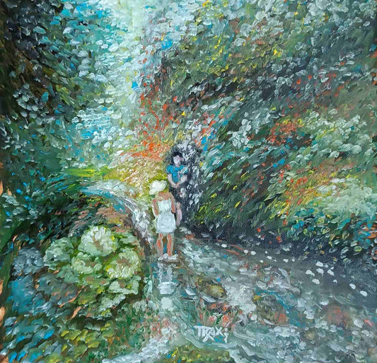 Painting of two figures walking along a path in a forest By the River original impressionist oil painting with fresh green and white tones depicting a young girl by the river by Diana Dimova TRAXI ART.