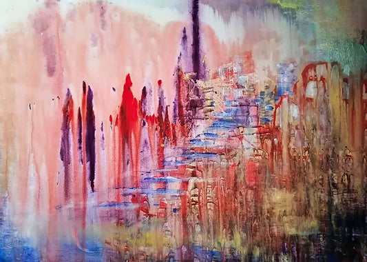 City of Memories original abstract lyrical fluid acrylic painting with dreamlike pink, violet, and orange tones representing nostalgia by Diana Dimova TRAXI ART. Abstract painting featuring a vertical cityscape with tall dark buildings, a central tower, and layered brushstrokes in pink, red, blue, beige, and green.