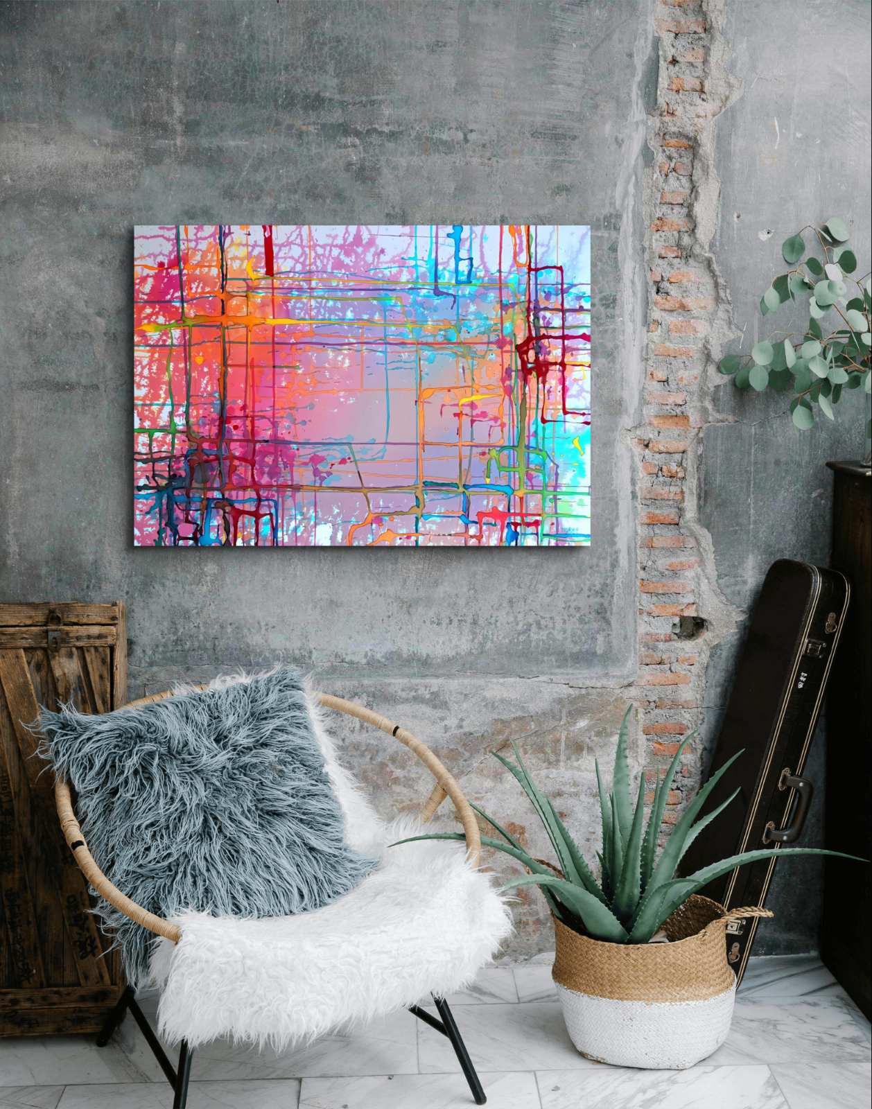 Colorful Windows original mixed media abstract painting on canvas by Diana Dimova TRAXI ART. Certificate Award Winner 2025. A colorful abstract canvas print with vibrant pink, orange, blue, and red paint strokes, displayed on a textured gray concrete wall in a styled room setting with a chair, potted plant, and guitar case.